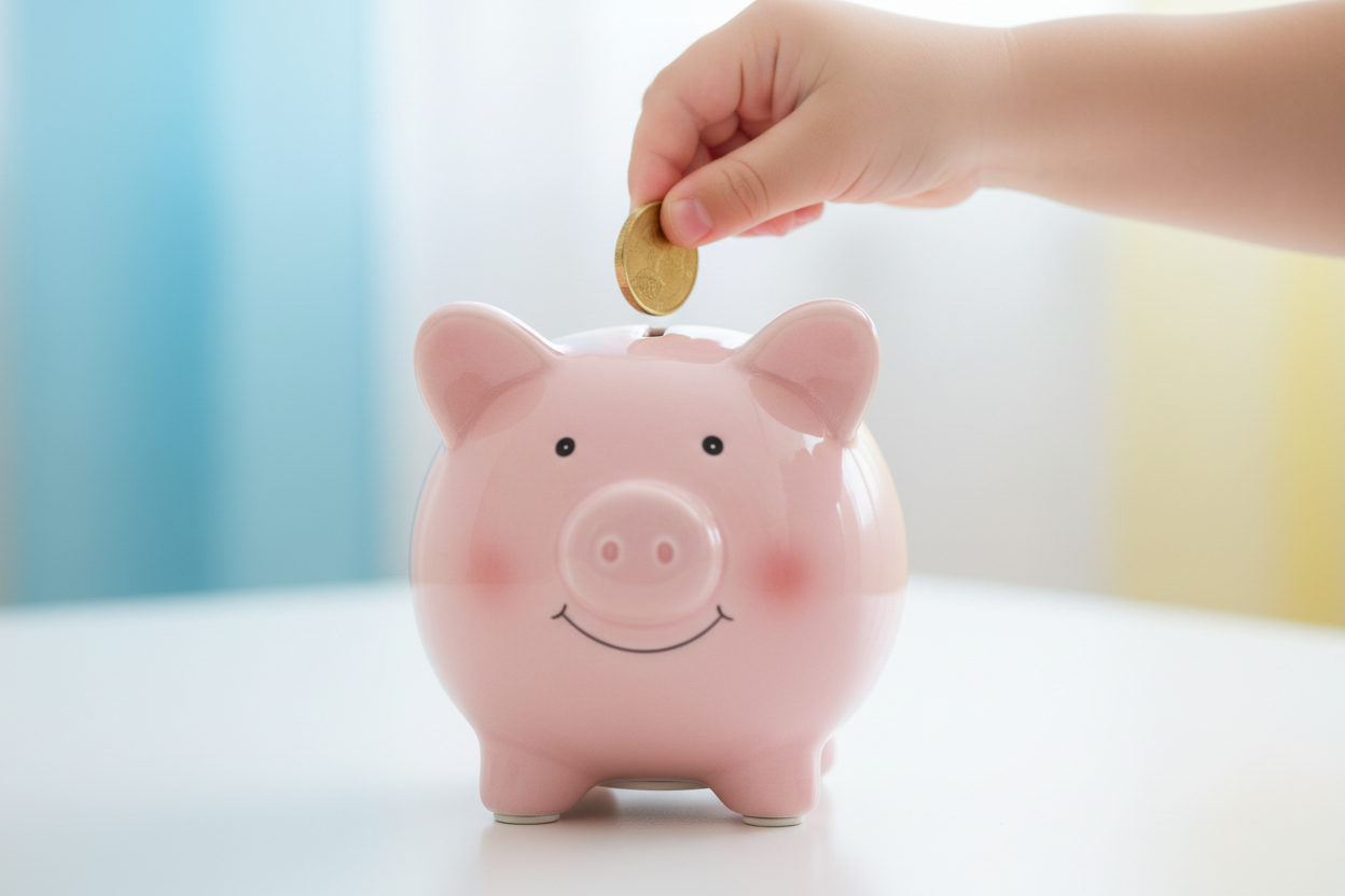 alcancía con forma de cerdito, que tenga una manito metiendo una moneda 