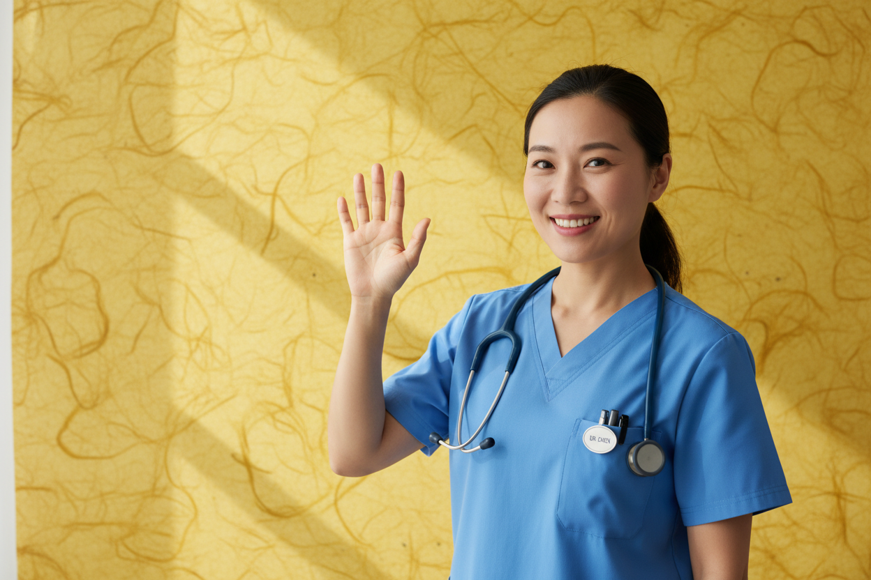 imagen de una mujer con uniforme clínico saludando que tenga de fondo una textura de papel color amarillo
